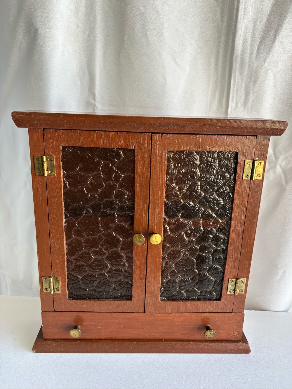 Small vintage wood  storage spice cabinet with plastic amber doors